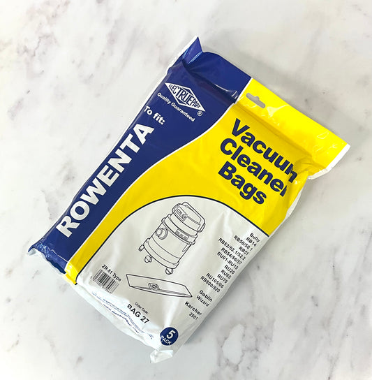 A package of aftermarket Rowenta Vacuum Cleaner Bags, size BAG 21, featuring blue and yellow packaging on a white marble surface.