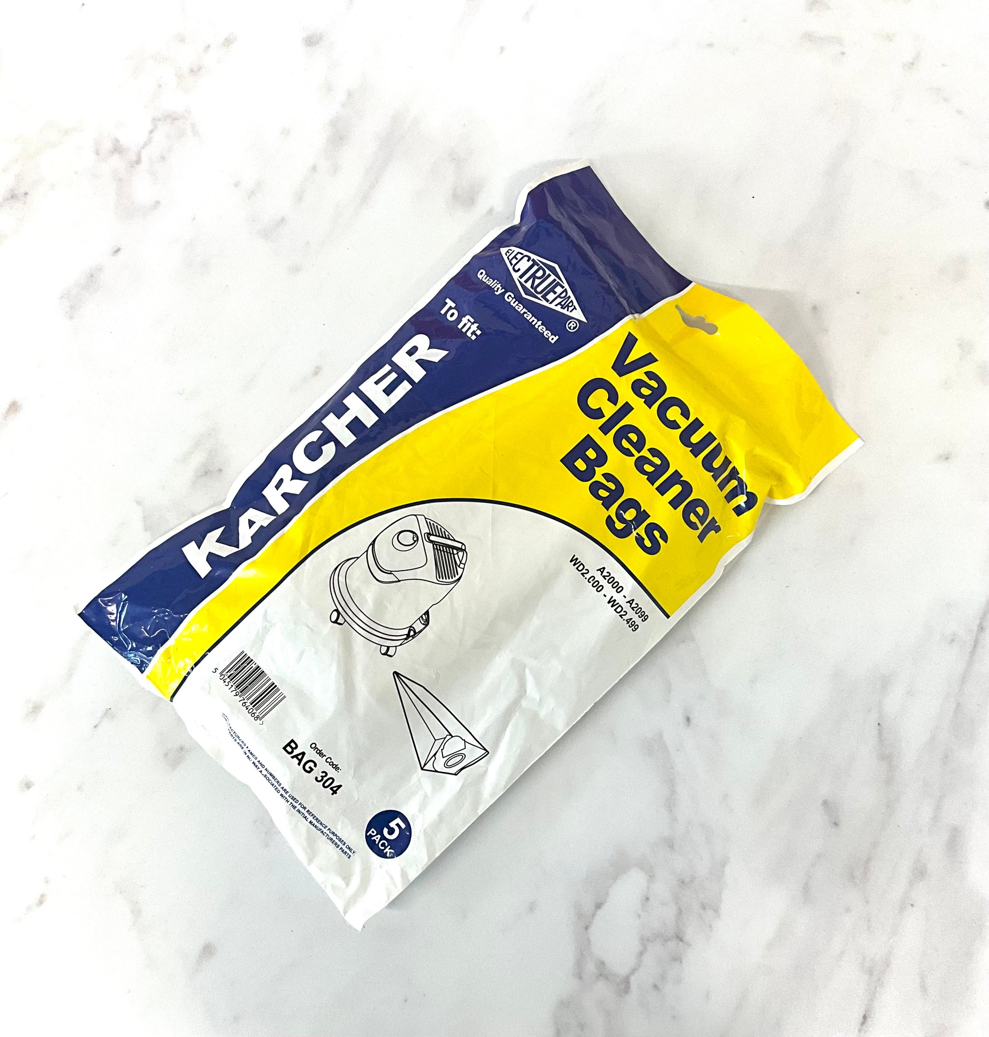 A package of aftermarket Karcher vacuum cleaner bags, model BAG 304, containing 5 bags. The packaging is white with a prominent yellow section and a dark blue header, shown on a marble background.