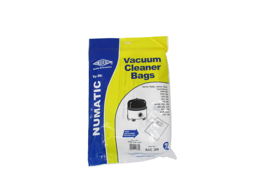 A package of aftermarket Numatic Vacuum Cleaner Bags, size BAG 309, featuring blue and yellow packaging on a white background.