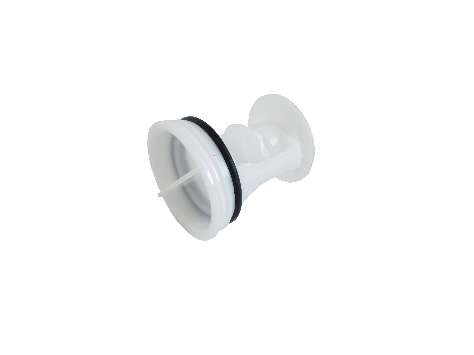 A white plastic washing machine pump filter, with a black rubber O-ring, shown on a plain white background.