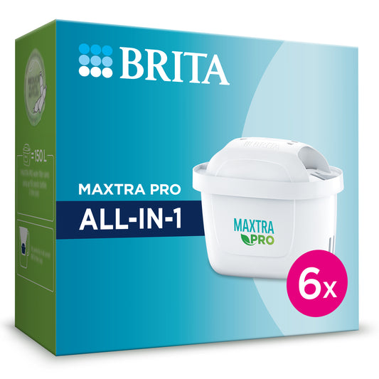 BRITA Maxtra Pro All-In-1 filter cartridge box, showing a white 6-pack of filters on a blue and green retail package.