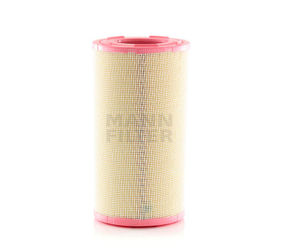 A cylindrical air filter with a beige pleated paper body and pink PU end caps, featuring a faint 'MANN FILTER' watermark on the front, set against a plain white background.
