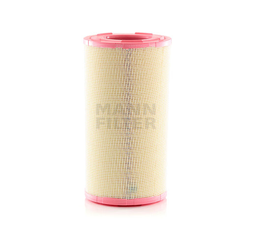 A cylindrical air filter with a beige pleated paper body and pink PU end caps, featuring a faint 'MANN FILTER' watermark on the front, set against a plain white background.