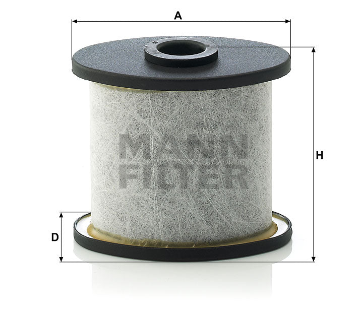 A cylindrical ventilator, with a black top and bottom flange, shown on a white background with dimension lines and labels A, H, and D. The ventilator body is light grey, with a faint Mann Filter logo, indicating the brand.