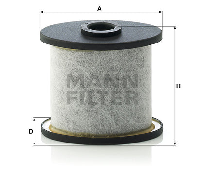 A cylindrical ventilator, with a black top and bottom flange, shown on a white background with dimension lines and labels A, H, and D. The ventilator body is light grey, with a faint Mann Filter logo, indicating the brand.