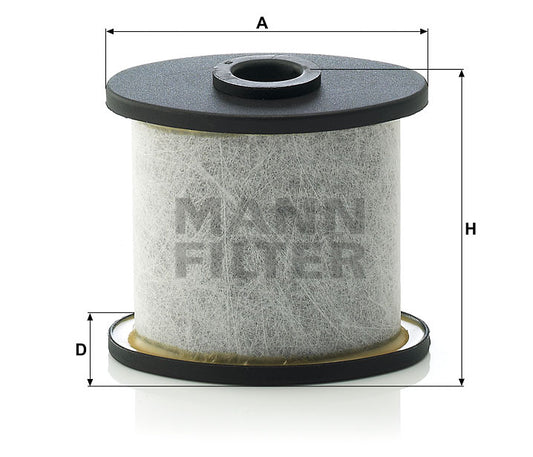 A cylindrical ventilator, with a black top and bottom flange, shown on a white background with dimension lines and labels A, H, and D. The ventilator body is light grey, with a faint Mann Filter logo, indicating the brand.