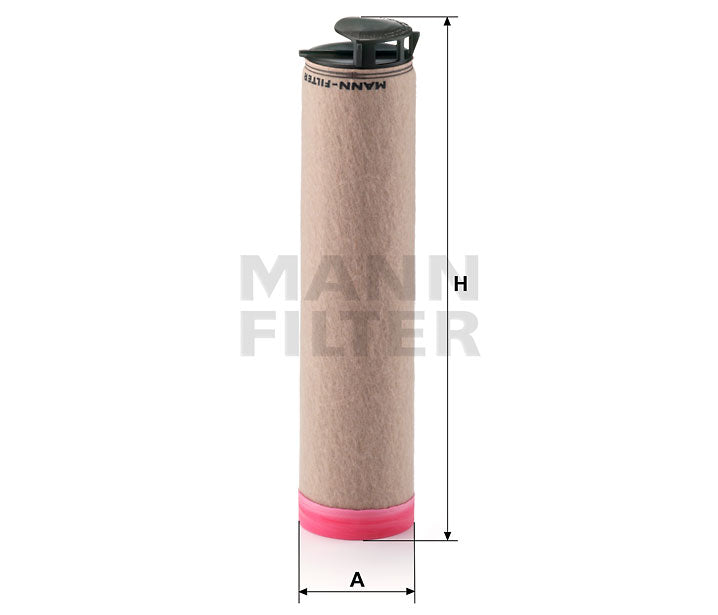 MANN FILTER cylindrical filter element with dimensions on a white background