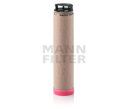 A cylindrical Mann Filter replacement cartridge with a beige filter body, a black top cap, and a pink bottom seal, shown on a white background with a faint brand watermark.