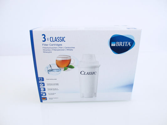 A box of three Brita Classic filter cartridges, shown on a clean white background. The packaging is white with blue accents, featuring the Brita logo and an illustration of a white filter cartridge.