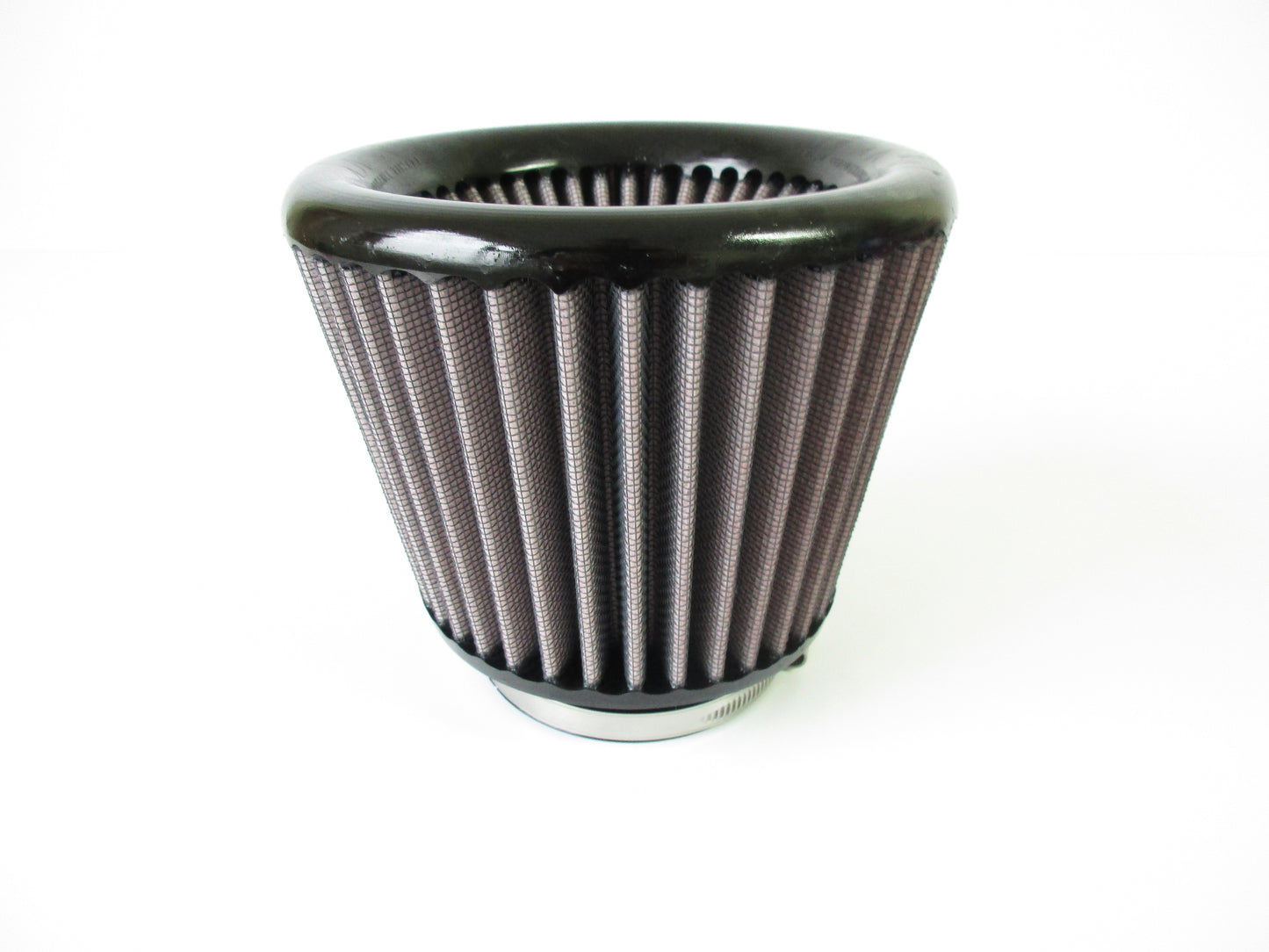 A black cone-style universal air filter, with pleated filter media and a black top rim, photographed on a plain white background.