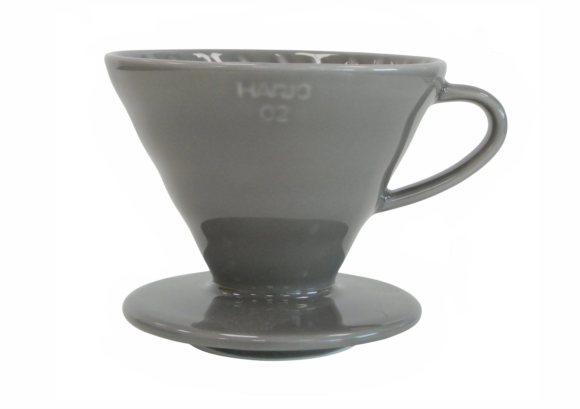 A grey ceramic pour-over coffee dripper, featuring the embossed brand name 'HARIO 02' on the front, set against a plain white background.