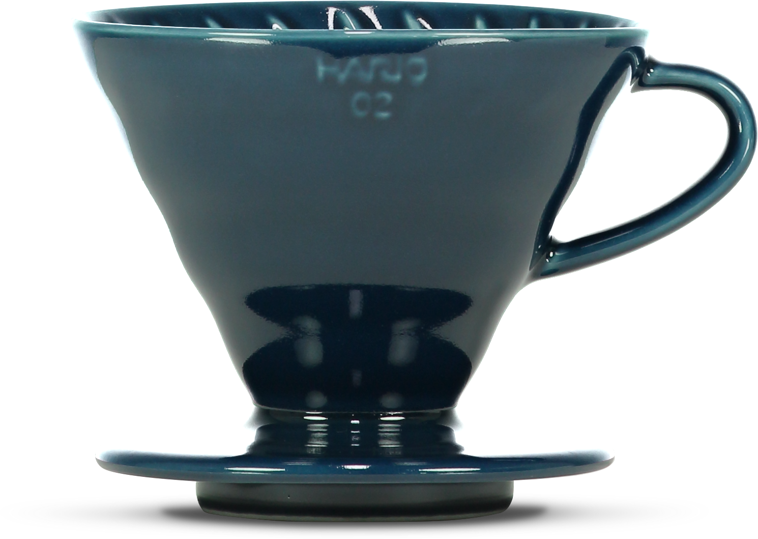 A Indigo ceramic pour-over coffee dripper, featuring the embossed brand name 'HARIO 02' on the front, set against a plain white background.