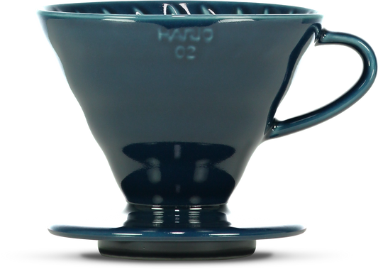 A Indigo ceramic pour-over coffee dripper, featuring the embossed brand name 'HARIO 02' on the front, set against a plain white background.