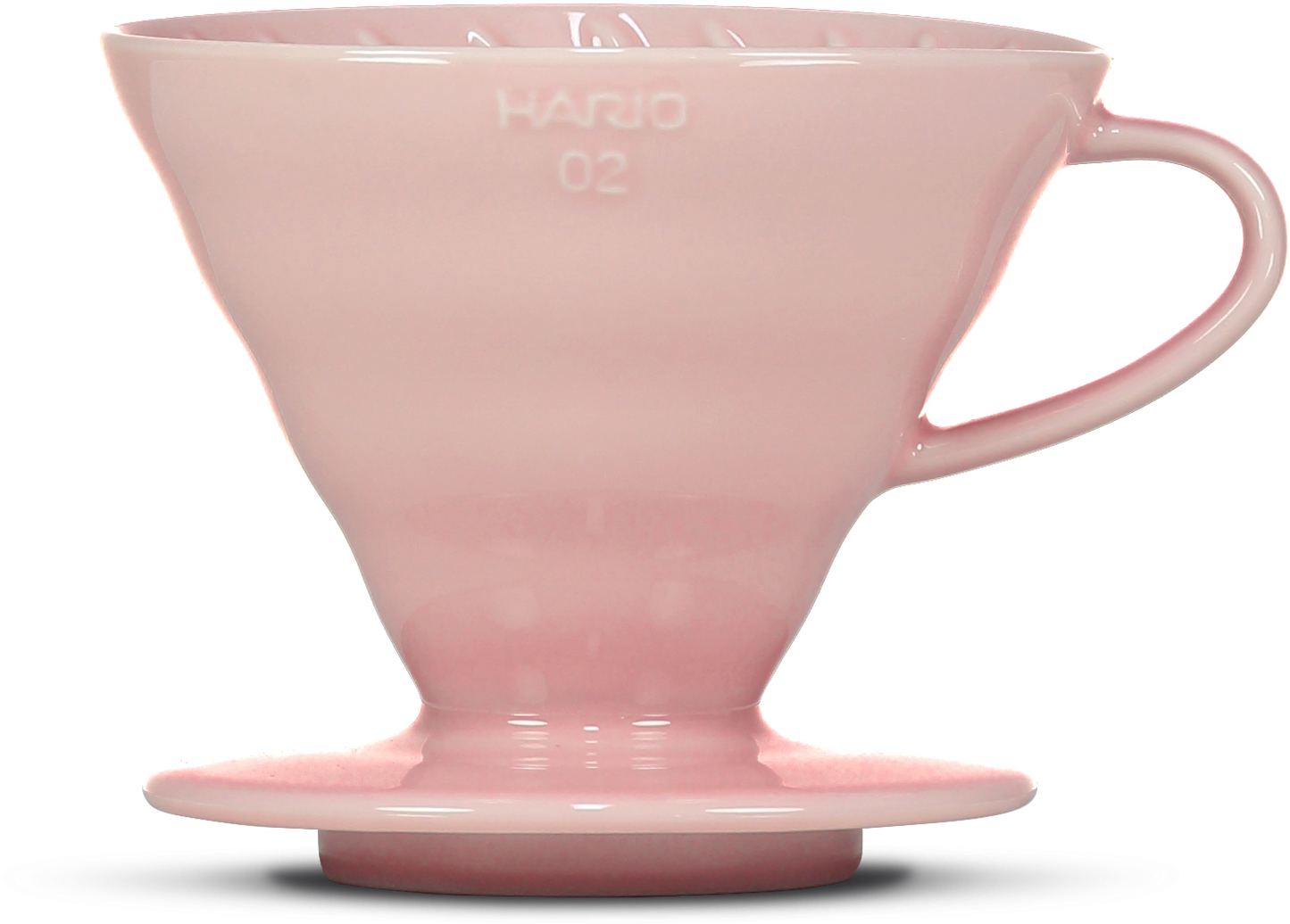 A light pink ceramic pour-over coffee dripper, featuring the embossed brand name 'HARIO 02' on the front, set against a plain white background.