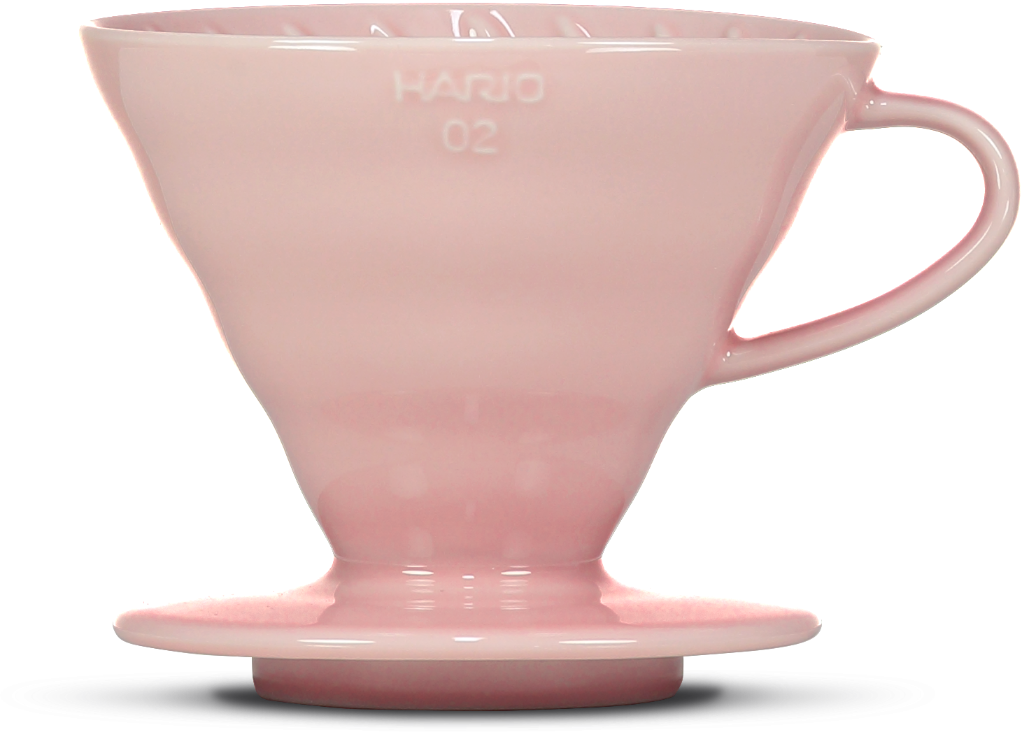 A light pink ceramic pour-over coffee dripper, featuring the embossed brand name 'HARIO 02' on the front, set against a plain white background.