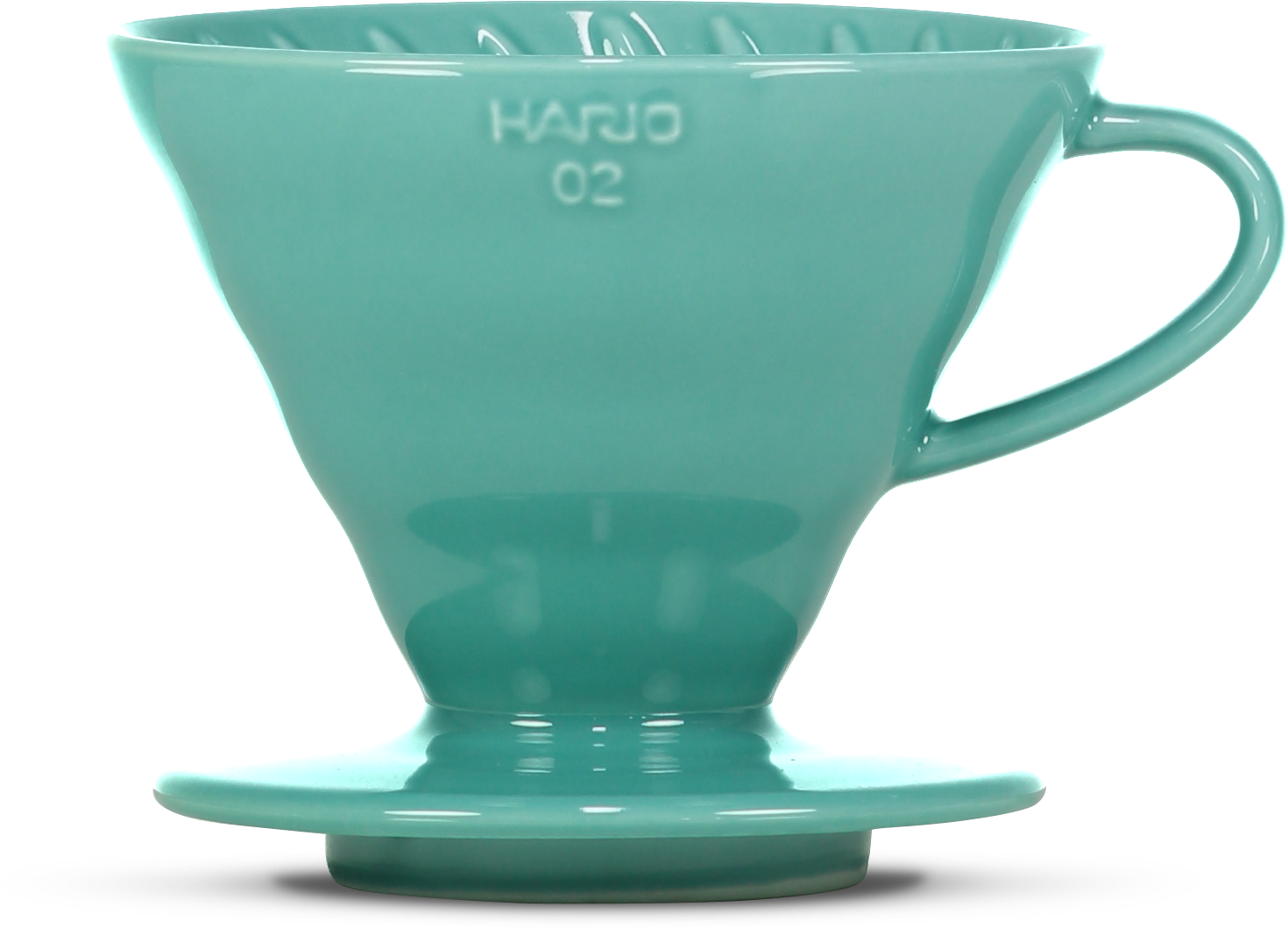A light green ceramic pour-over coffee dripper, featuring the embossed brand name 'HARIO 02' on the front, set against a plain white background.