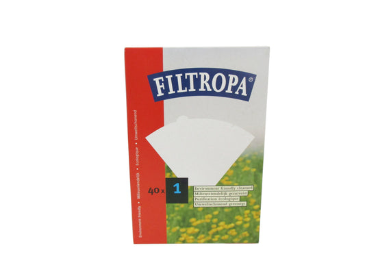 A package of Filtropa filter papers, size 1, with 40 count, featuring a red and white design with a green field illustration at the bottom.
