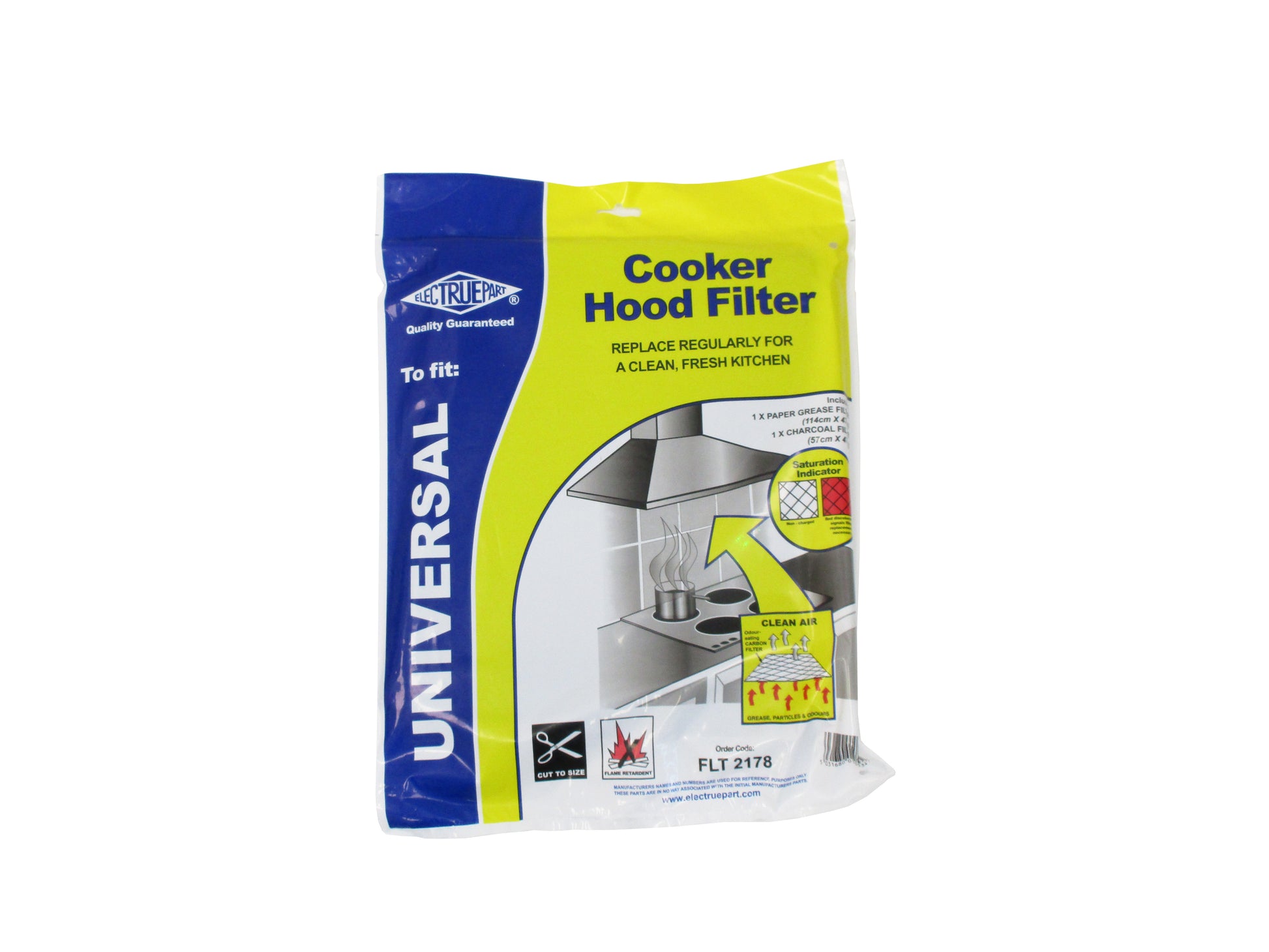A packaged Universal brand Cooker Hood Filter, shown in its retail packaging, with a blue and yellow design, and an illustration of a kitchen hood, also packaging displaying part number FLT2178, shown on a white background.