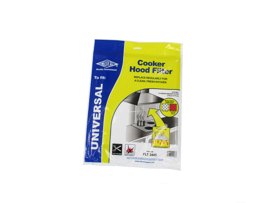 A package of universal cooker hood grease filters, featuring blue and yellow packaging, displaying part number FLT 3445, shown on a white background.