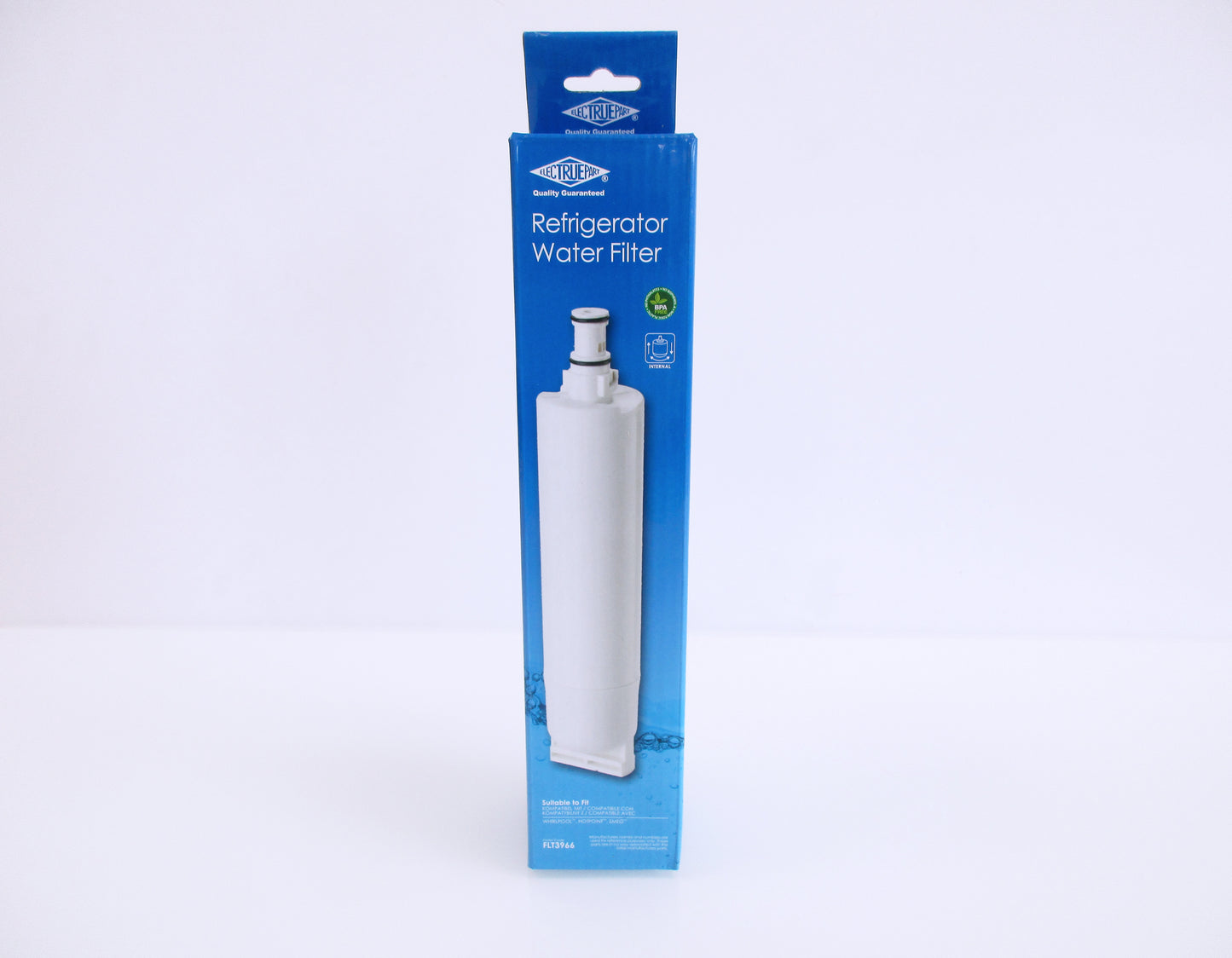 A boxed refrigerator water filter standing upright on a white studio background. The retail package is predominantly blue with a photo of the white cylindrical filter on the front.