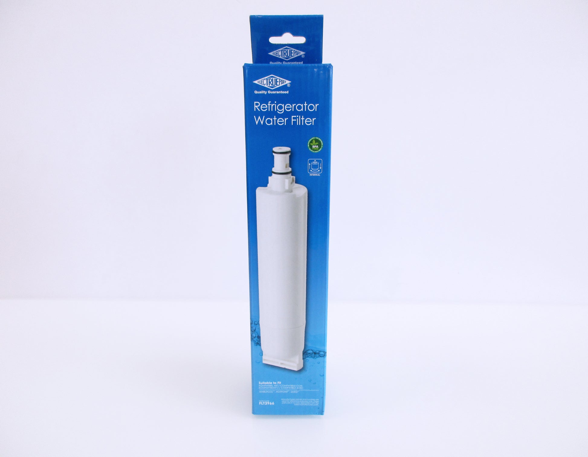 A boxed refrigerator water filter standing upright on a white studio background. The retail package is predominantly blue with a photo of the white cylindrical filter on the front.