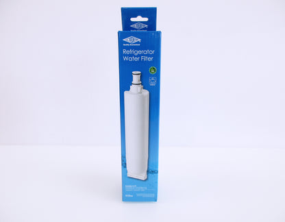 A boxed refrigerator water filter standing upright on a white studio background. The retail package is predominantly blue with a photo of the white cylindrical filter on the front.