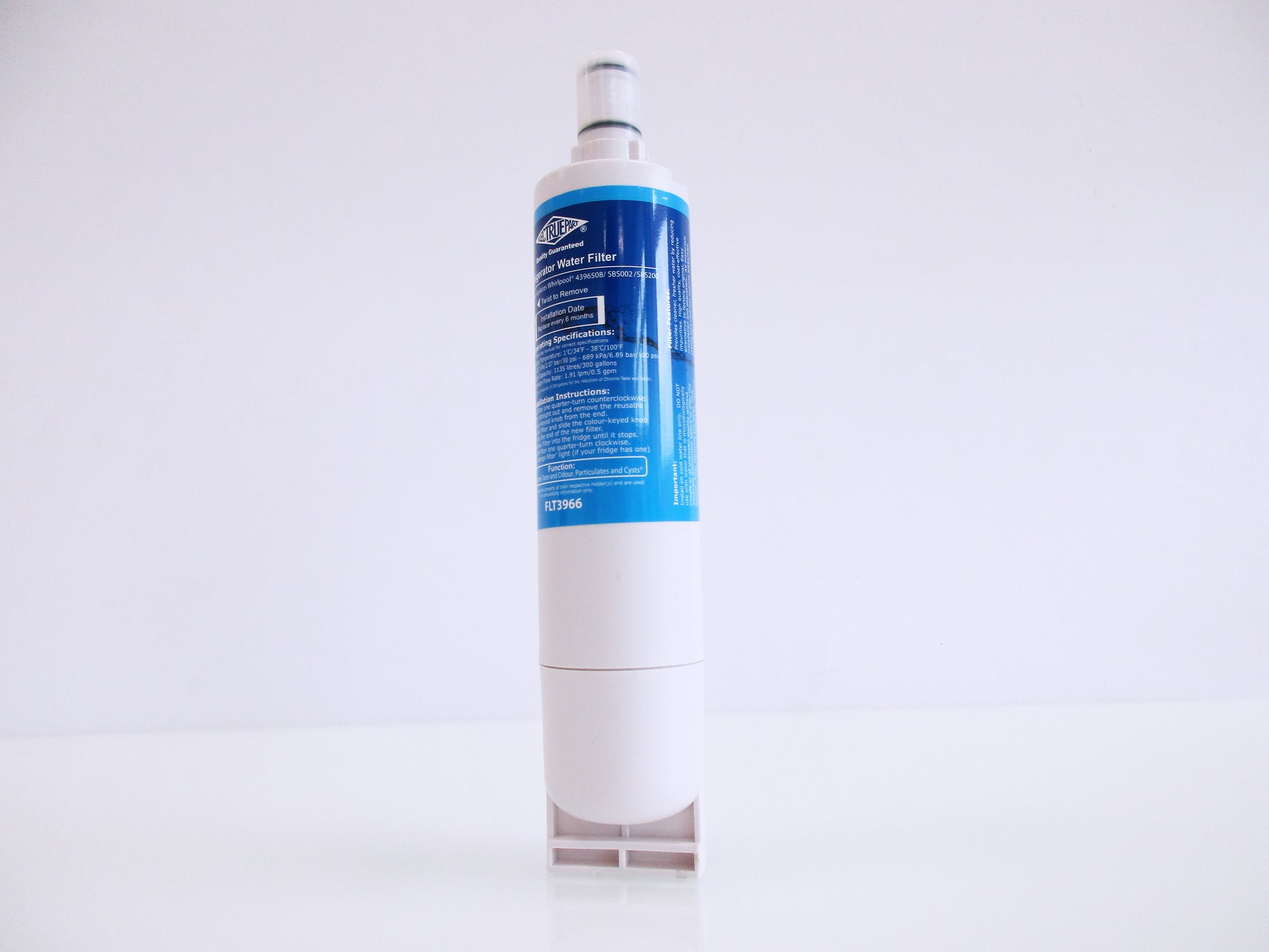 A single cylindrical water filter cartridge standing upright on a white surface against a white background. The filter is mostly white with a blue label, displaying part number FLT3966 and a small white cap at the top.