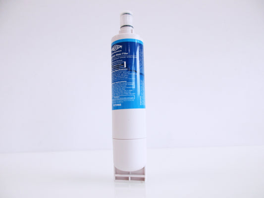 A single cylindrical water filter cartridge standing upright on a white surface against a white background. The filter is mostly white with a blue label, displaying part number FLT3966 and a small white cap at the top.