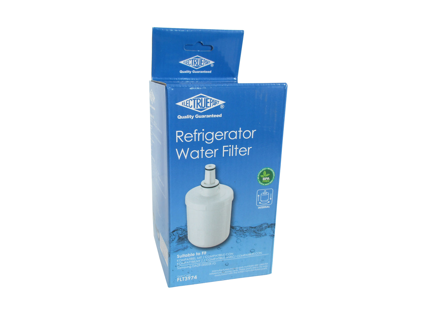 A blue retail box for a FLT3974 refrigerator water filter, shown on a plain white background. The front of the box features a photo of the white cylindrical filter and the text 'REFRIGERATOR Water Filter' with the Electruepart brand logo at the top.