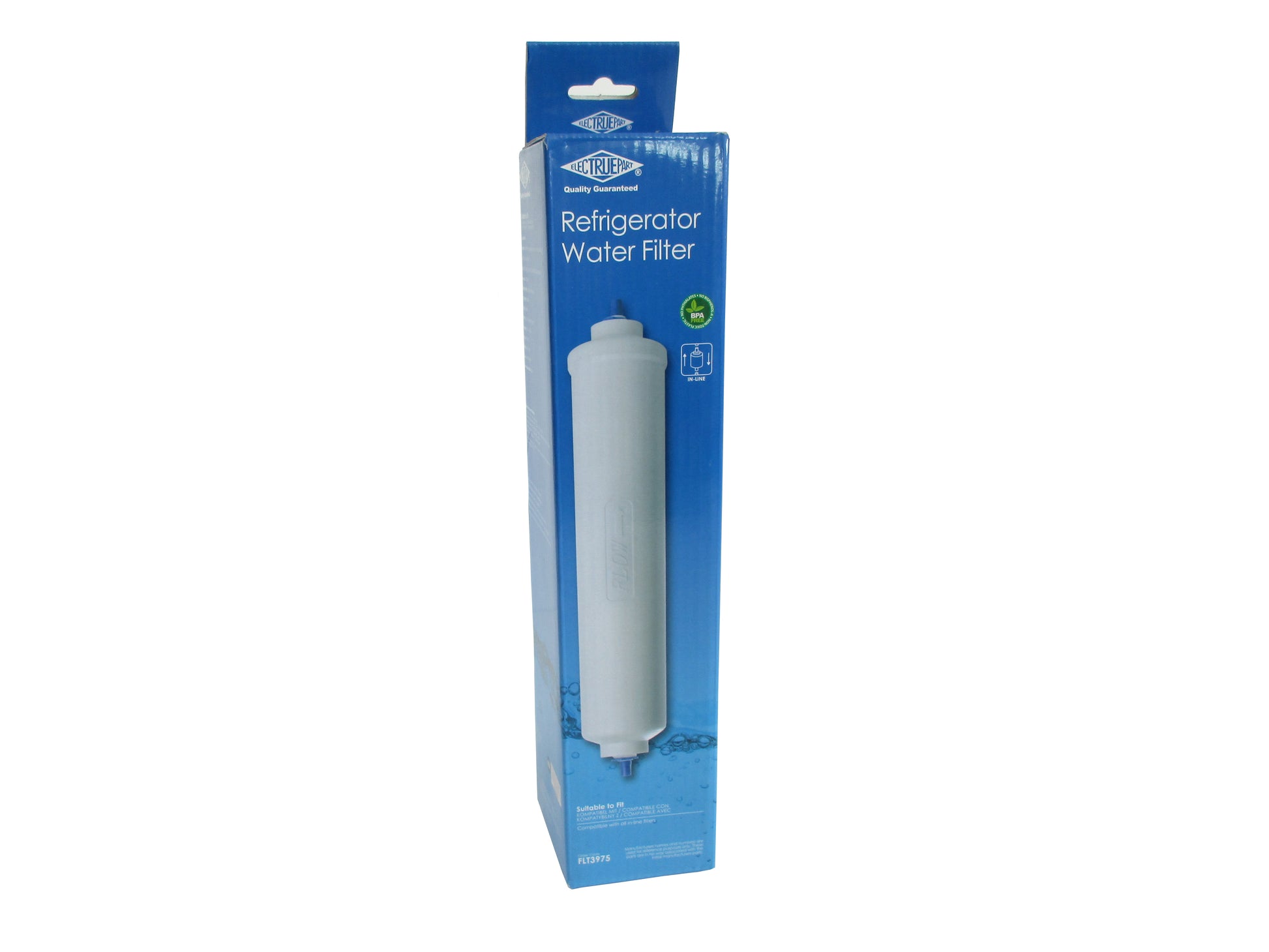 A packaged refrigerator FLT3975 water filter shown in its retail box on a plain white background. The box is blue with  a white cylindrical filter inside.