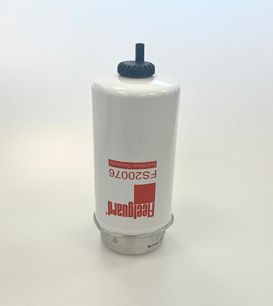 A white cylindrical fuel filter with a black top cap and red printed text reading 'Fleetguard' and 'FS20076', shown on a plain light background.