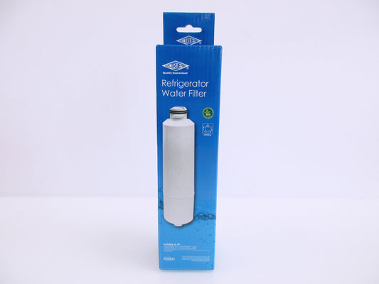 A boxed FLT3957 refrigerator water filter package standing upright on a plain white background. The retail box is predominantly blue with a photo of a white cylindrical filter on the front.