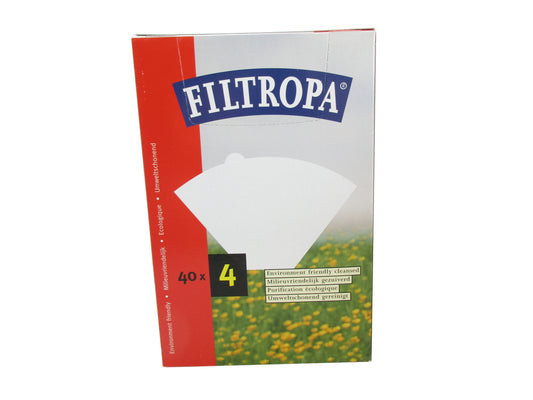 A package of Filtropa filter papers, featuring a white box with a red side panel, a blue Filtropa logo, and a small image of yellow flowers in a green field.
