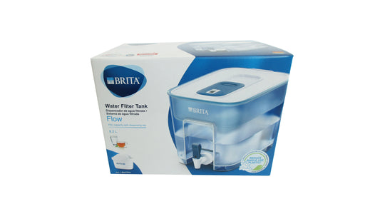 A boxed Brita Water Filter Tank on a plain white background. The retail box is white and blue, showing a photo of the filter tank and the Brita logo.