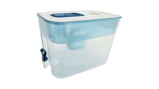 A translucent plastic water filter tank with a light blue top section, a white lid, and a blue-and-white spout, shown on a plain white background.