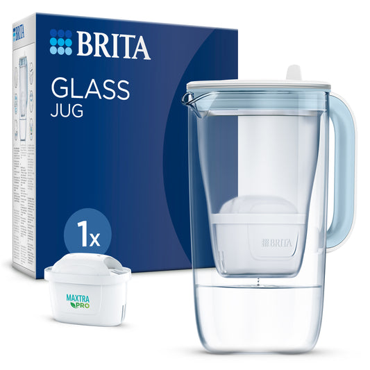 Brita glass water filter jug with a light blue handle and lid, shown next to its blue retail box and a small white Maxtra Pro filter cartridge on a white background.