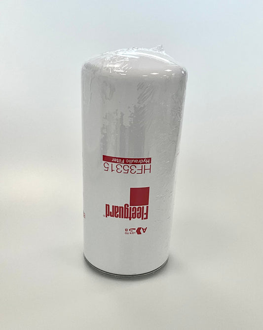 A cylindrical white hydraulic filter cartridge wrapped in protective plastic, featuring HF35315 red printed text and the Fleetguard brand logo, set against a plain light grey background.
