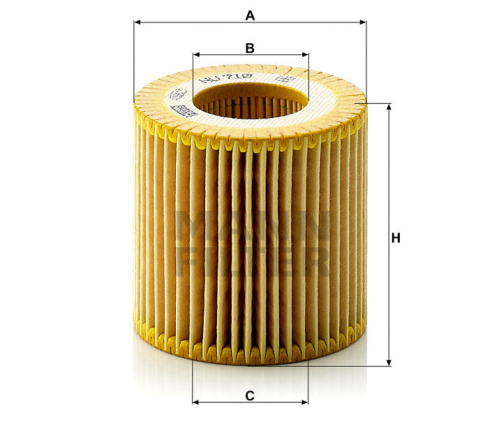 A pleated cylindrical automotive air filter shown on a white background with dimension lines and labels A, B, C, and H indicating measurements.