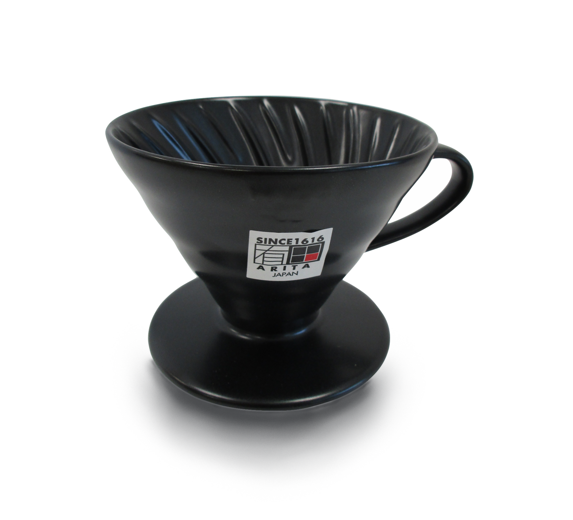 A black ceramic pour-over coffee dripper with a handle and a circular base, featuring a white and black 'SINCE 1616 ARITA JAPAN' sticker on the front, set against a plain white background.