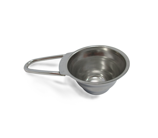 A stainless steel coffee scoop with a side handle, shown on a clean white background.