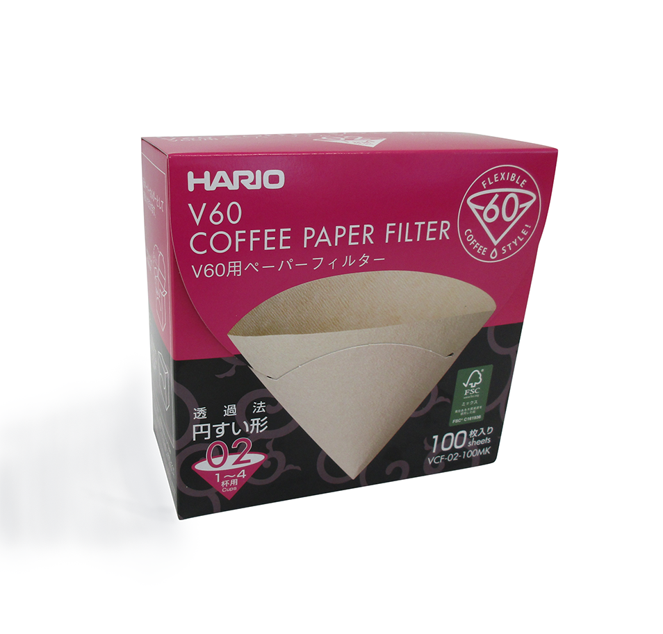 A box of HARIO V60 Coffee Paper Filter No. 2, featuring a magenta and black design with a graphic of a beige paper cone filter.