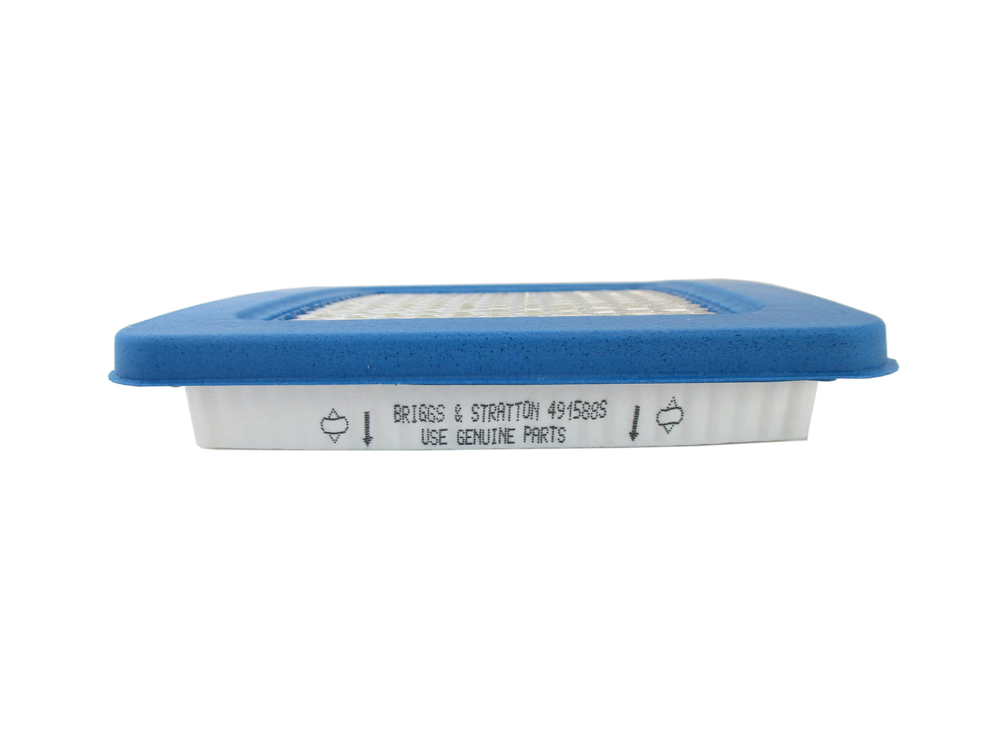 A rectangular air filter with a blue top and white pleated filter media, featuring 'BRIGGS  & STRATON 491588S USE GENUINE PARTS' printed on the side.