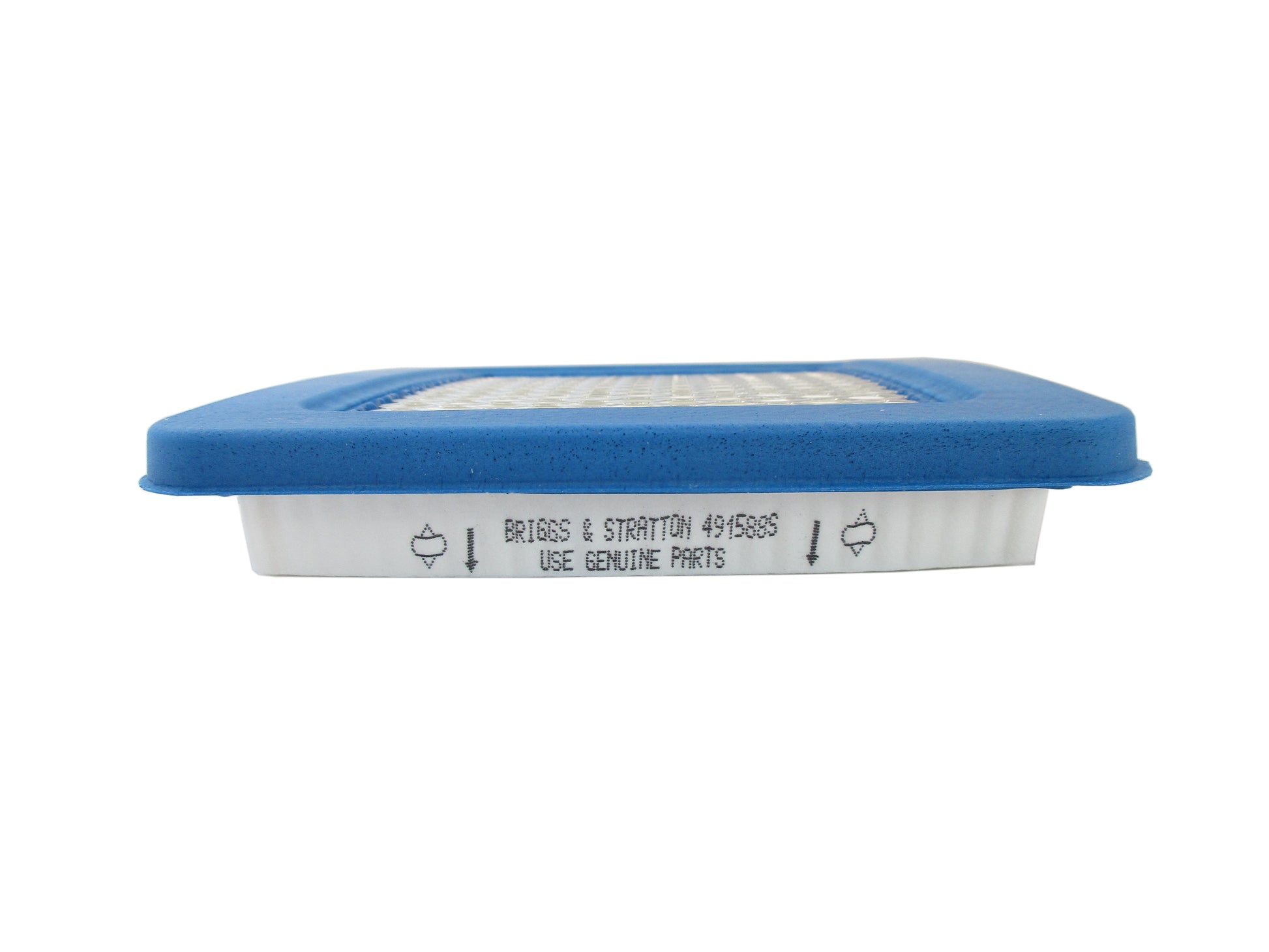 A rectangular air filter with a blue top and white pleated filter media, featuring 'BRIGGS  & STRATON 491588S USE GENUINE PARTS' printed on the side.