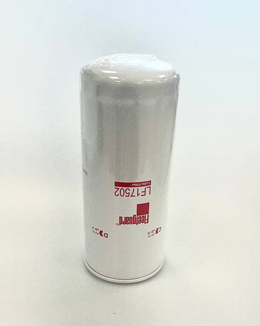 A cylindrical white oil filter spin-on, with red printed text and logo displaying 'Fleetgurad' and 'LF17502', wrapped in protective plastic on a light grey background.