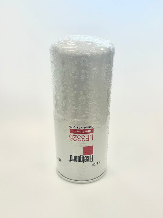 A cylindrical Fleetguard oil filter wrapped in clear protective plastic, displaying LF3325, standing upright on a white background.