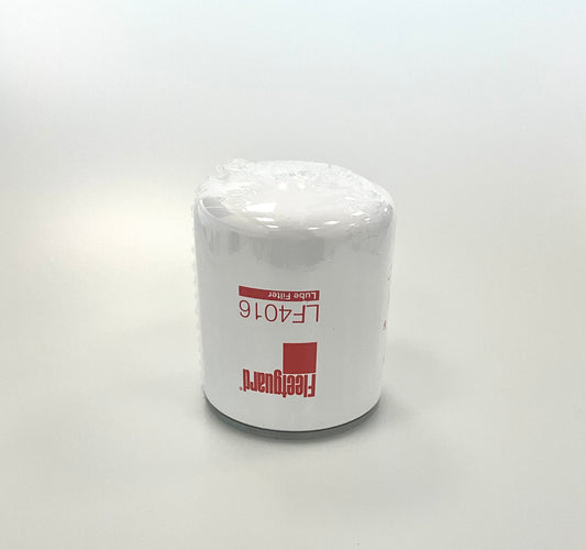 A white cylindrical oil filter wrapped in clear protective plastic, featuring red printed text and logo, including the brand 'Fleetguard' and part number 'LF4016', shown on a white background. 