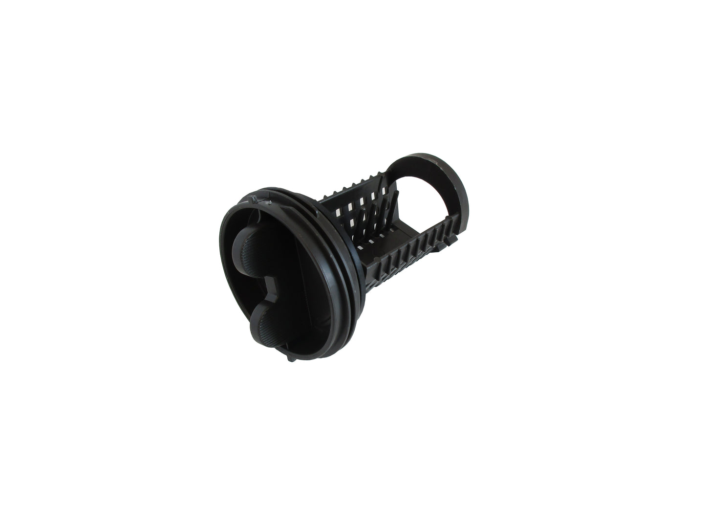 A black genuine LG washing machine pump filter, shown on a white background. 