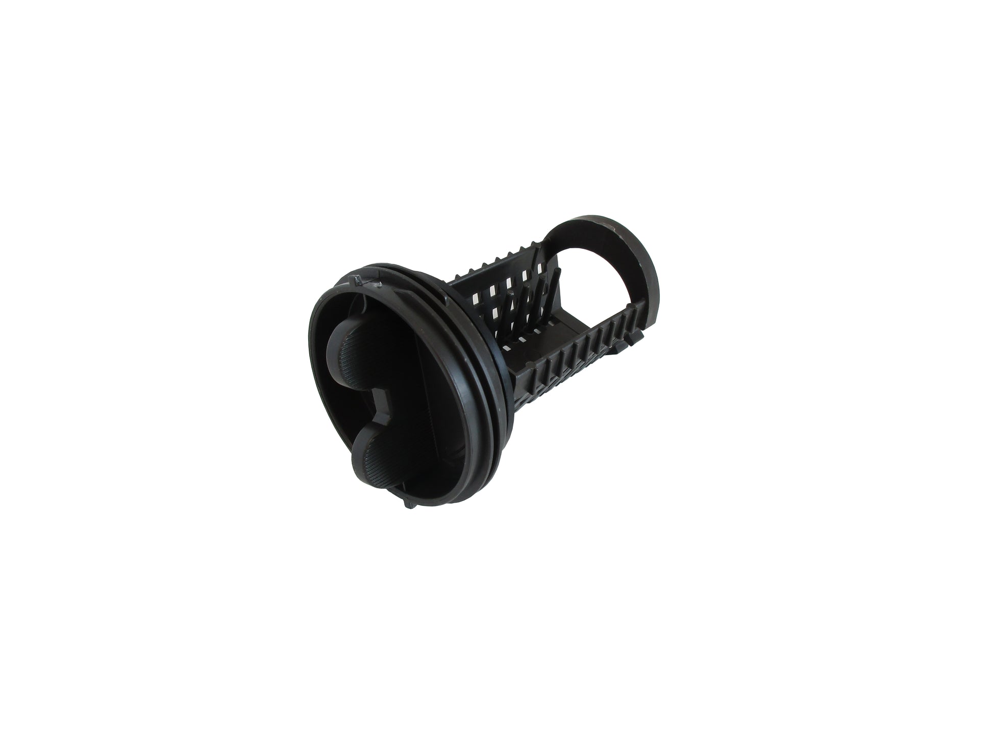 A black genuine LG washing machine pump filter, shown on a white background. 