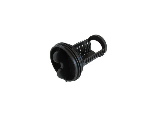 A black genuine LG washing machine pump filter, shown on a white background. 