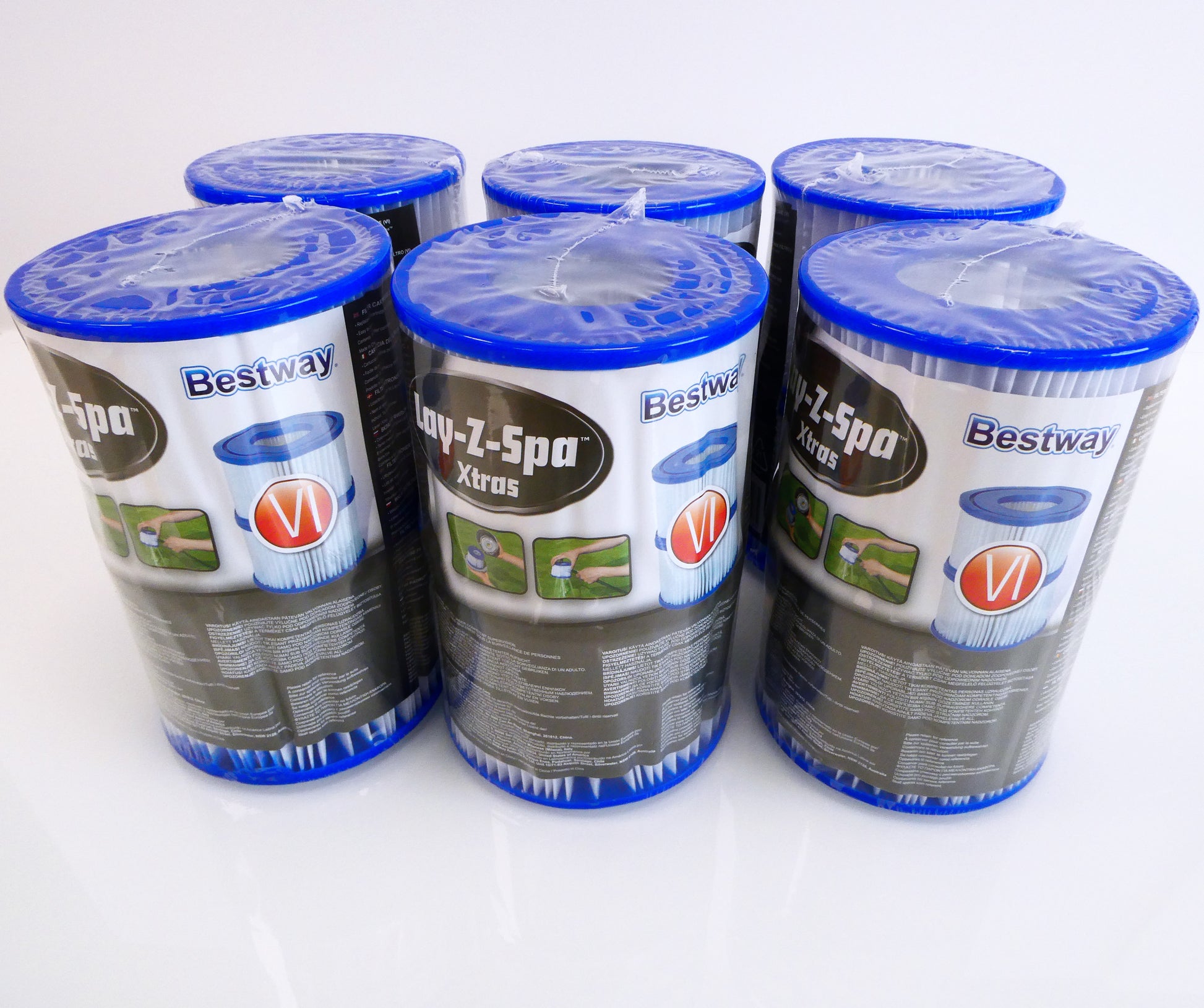 Six Bestway Lay-Z-Spa water filter two packs. Shown in there protective plastic covering, and branded packaging. Filters have a blue PU top and bottom, also they have white pleated filter media.